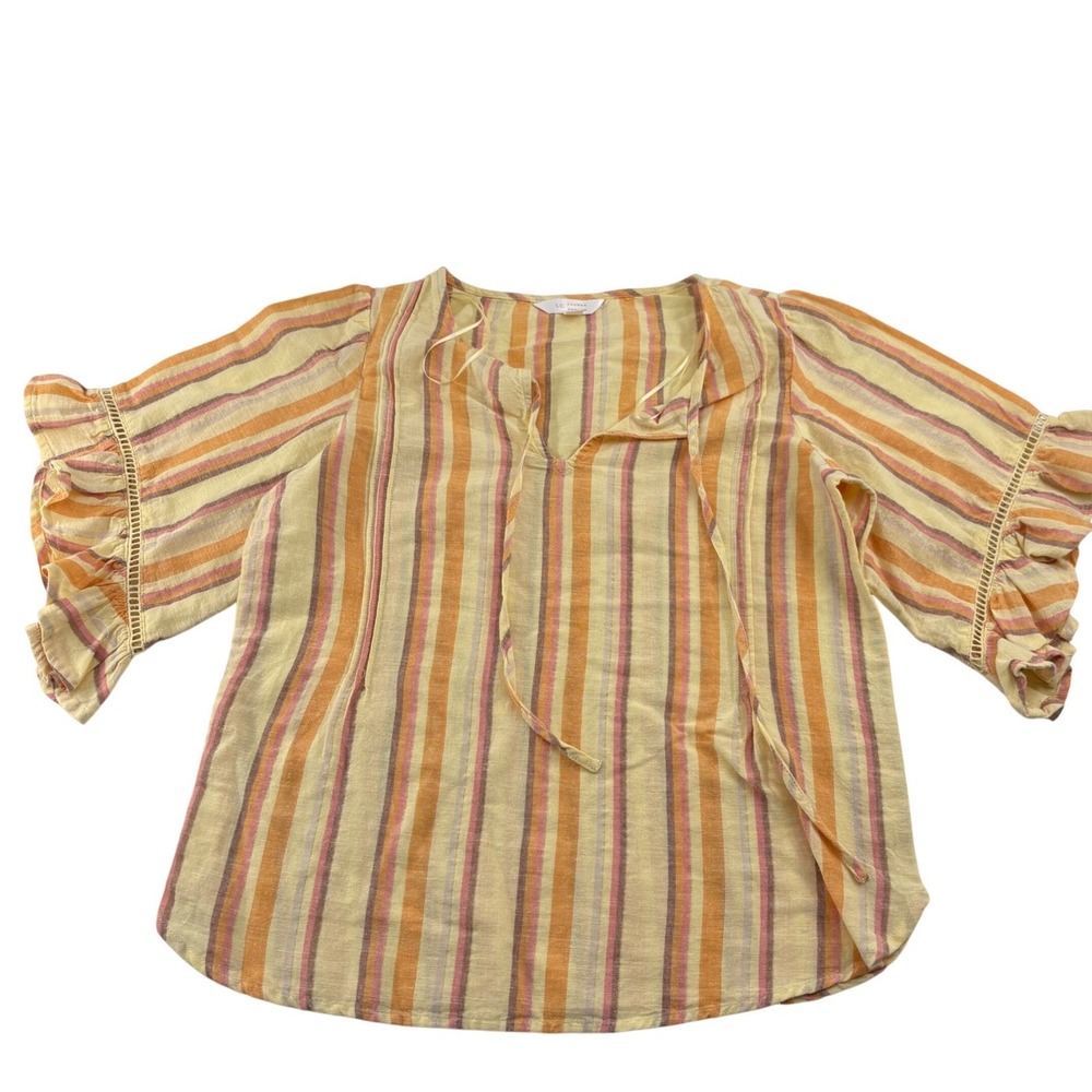 Lauren Conrad Striped Tunic Top Blouse Womens XS Yellow‎ Orange Pink Linen Blend